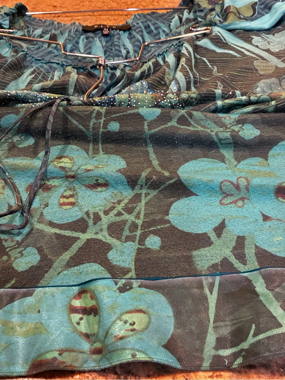 B.L.E.U. teal & black floral print blouse, size XL - Picture 3 of 11